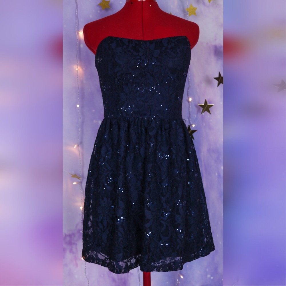 Dark blue sequined lace shirt dress